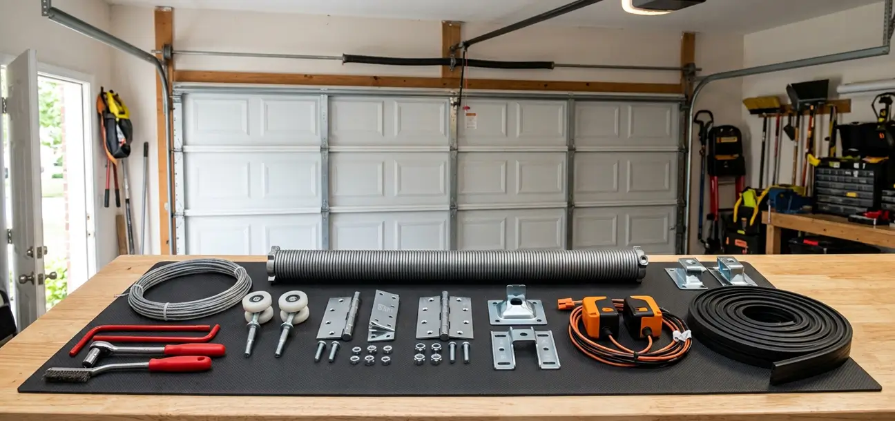 Garage door technician servicing a residential garage door in Fresno Texas