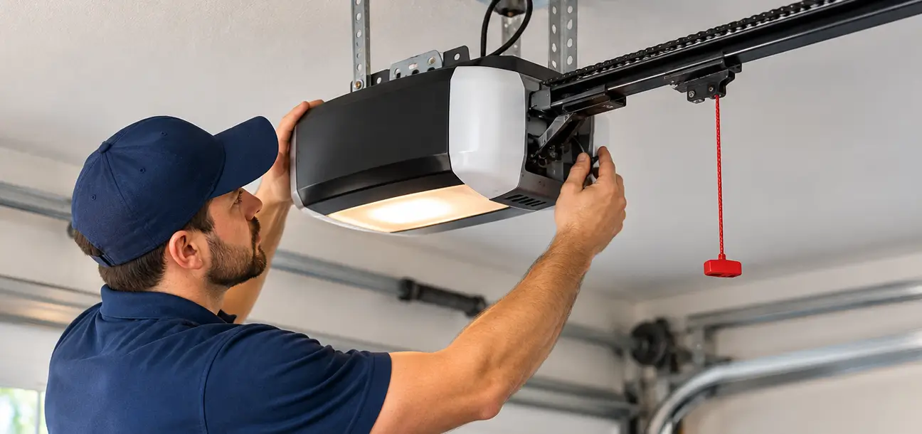Garage door technician servicing a residential garage door in Fresno Texas