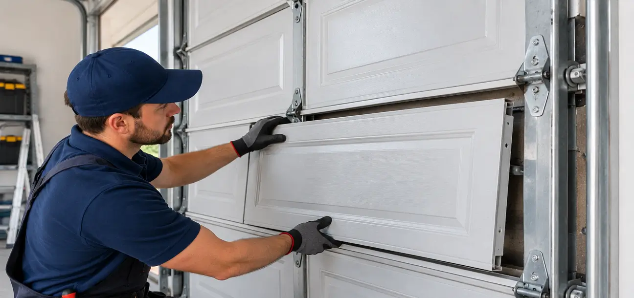 Garage door technician servicing a residential garage door in Fresno Texas
