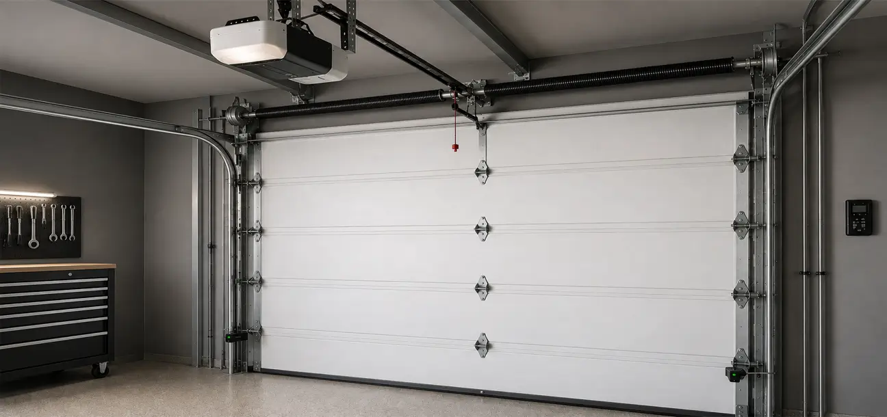 Garage door technician servicing a residential garage door in Fresno Texas